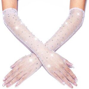 Women's Rhinestone Mesh Rave White Long Gloves Elbow Length Halloween Costume